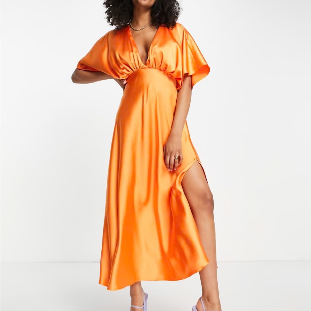 ASOS Wrap Front Batwing Sleeve Satin Midi Dress In Orange - size 8